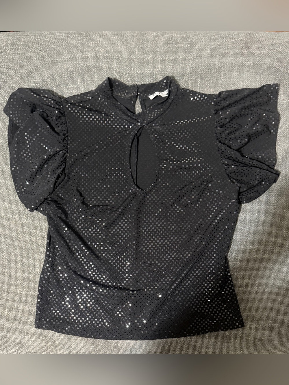 Black Puff-Sleeve Sequin Keyhole Top
